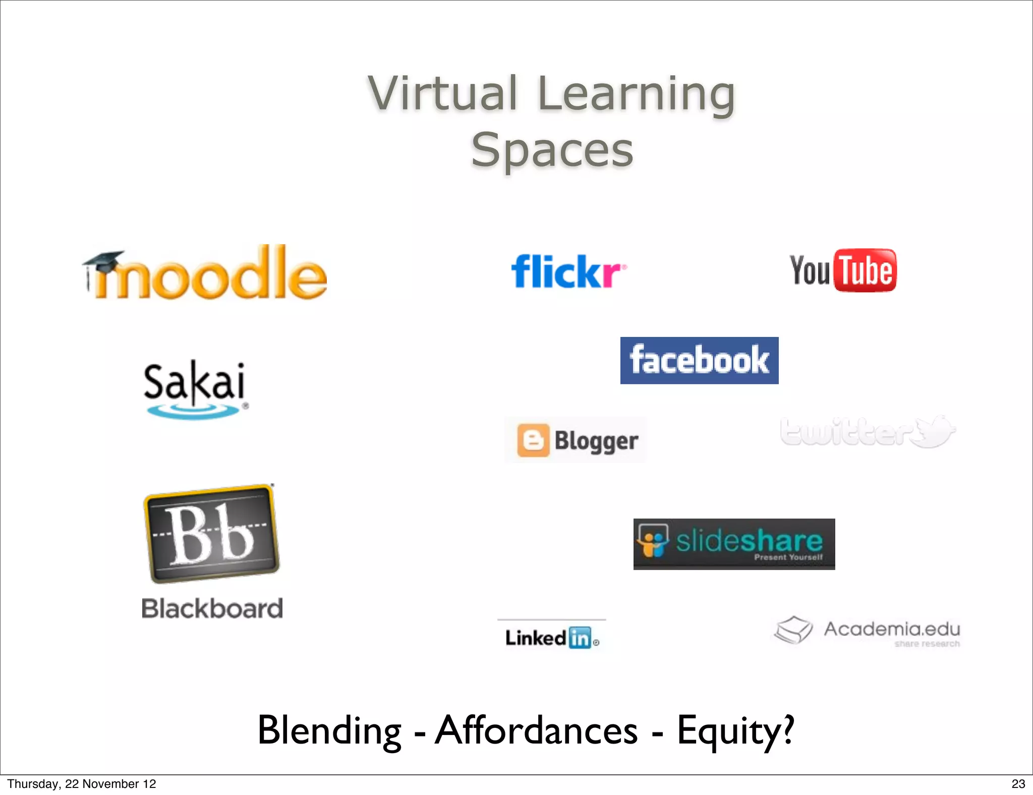 Virtual Learning
                                      Spaces




                           Blending - Affordances - Equity?
Thursday, 22 November 12                                      23
 