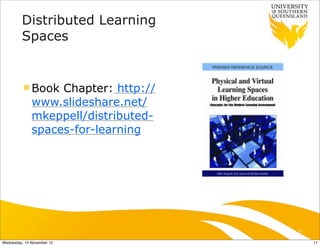 Distributed Learning
         Spaces


          n Book  Chapter: http://
              www.slideshare.net/
              mkeppell/distributed-
              spaces-for-learning




                                      11

Wednesday, 14 November 12                  11
 