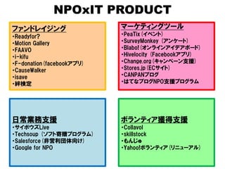 NPOxIT PRODUCT
ファンドレイジング                  マーケティングツール
・Readyfor?                 ・PeaTix(イベント)
・Motion Gallery            ・SurveyMonkey (アンケート)
・FAAVO                     ・Blabo!(オンラインアイデアボード)
・i-kifu                    ・Hivelocity (Facebookアプリ)
・F-donation(facebookアプリ)   ・Change.org(キャンペーン支援)
・CauseWalker               ・Stores.jp(ECサイト)
・isave                     ・CANPANブログ
・絆検定                       ・はてなブログNPO支援プログラム




日常業務支援                     ボランティア獲得支援
・サイボウズLive                 ・Collavol
・Techsoup (ソフト寄贈プログラム)     ・skillstock
・Salesforce(非営利団体向け)       ・もんじゅ
・Google for NPO            ・Yahoo!ボランティア(リニューアル)
 