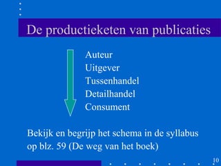 De productieketen van publicaties
              Auteur
              Uitgever
              Tussenhandel
              Detailhandel
              Consument

Bekijk en begrijp het schema in de syllabus
op blz. 59 (De weg van het boek)
                                              10
 
