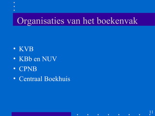 Organisaties van het boekenvak

•   KVB
•   KBb en NUV
•   CPNB
•   Centraal Boekhuis



                                     11
 