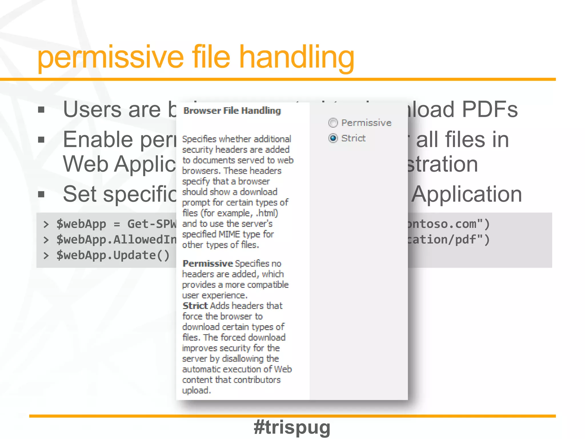 > $webApp = Get-SPWebApplication("http://intranet.contoso.com")
> $webApp.AllowedInlineDownloadMimeTypes.Add("application/pdf")
> $webApp.Update()
 