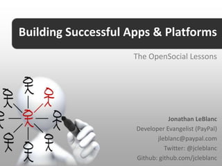 Building Successful Apps & Platforms
                    The OpenSocial Lessons




                                 Jonathan LeBlanc
                     Developer Evangelist (PayPal)
                            jleblanc@paypal.com
                               Twitter: @jcleblanc
                     Github: github.com/jcleblanc
 