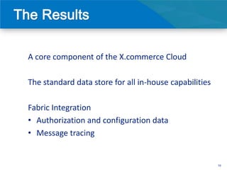 A core component of the X.commerce Cloud

The standard data store for all in-house capabilities

Fabric Integration
• Authorization and configuration data
• Message tracing


                                                        10
 