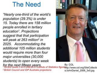 The Need
“Nearly one-third of the world’s
population (29.3%) is under
15. Today there are 158 million
people enrolled in tertiary
education1. Projections
suggest that that participation
will peak at 263 million2 in
2025. Accommodating the
additional 105 million students
would require more than four
major universities (30,000
students) to open every week
for the next fifteen years.                               By: COL
1 ISCED levels 5 & 6 UNESCO Institute of Statistics figures
                                                        http://www.col.org/SiteCollectio
2 British   Council and IDP Australia projections       s/JohnDaniel_2008_3x5.jpg
 
