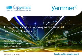 Enterprise Social Networking as the heart of
your social Business

Arjen Jelsma – Capgemini
Niels van der Zeyst – Yammer
#onlinefuturetoday


29 October 2012, Utrecht
 