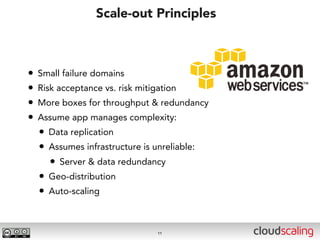 Scale-out Principles



•   Small failure domains
•   Risk acceptance vs. risk mitigation
•   More boxes for throughput & redundancy
•   Assume app manages complexity:
    • Data replication
    • Assumes infrastructure is unreliable:
      • Server & data redundancy
    • Geo-distribution
    • Auto-scaling


                                  11
 