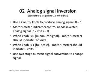02 Analog signal inversion
                                         (convert 0-1 v signal to 12 -0 v signal)

 • Use a Control knob to produce analog signal 0 – 1
 • Motor (meter indicator) control needs inverted
   analog signal 12 volts – 0 .
 • When knob is 0 (minimum signal), motor (meter)
   should indicate 12 volts
 • When knob is 1 (full scale), motor (meter) should
   indicate 0 volts.
 • Use two stage numeric signal conversion to change
   signal


Oregon FIRST Robotics - www.oregonfirst.org              Summer 2012                13
 