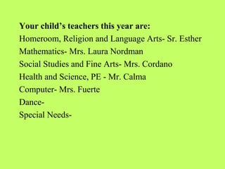 Your child’s teachers this year are:
Homeroom, Religion and Language Arts- Sr. Esther
Mathematics- Mrs. Laura Nordman
Social Studies and Fine Arts- Mrs. Cordano
Health and Science, PE - Mr. Calma
Computer- Mrs. Fuerte
Dance-
Special Needs-
 