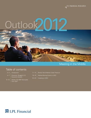LPL FinanciaL ReseaRch




Outlook                                 2012
                                                                               Meeting in the Middle

Table of contents
 2–3     Introduction                11 – 14   Bonds: Bond Market Under Pressure

 4–7     Economy: Sluggish U.S.      15– 18    Market-Moving Events in 2012
         Economic Growth
                                     19 – 23   Investing in 2012
8 – 10   Stocks: The S&P Decouples
         from GDP
 