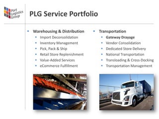 PLG Service Portfolio

 Warehousing & Distribution         Transportation
      Import Deconsolidation             Gateway Drayage
      Inventory Management               Vendor Consolidation
      Pick, Pack & Ship                  Dedicated Store Delivery
      Retail Store Replenishment         National Transportation
      Value-Added Services               Transloading & Cross-Docking
      eCommerce Fulfillment              Transportation Management
 