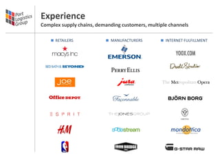 Experience
Complex supply chains, demanding customers, multiple channels

      RETAILERS             MANUFACTURERS          INTERNET FULFILLMENT
 