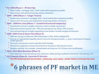 *   Pre 2000 (Phase 1 – PF Start Up)
     *   Plain vanilla, mortgage style / back-ended debt repayment profiles
     *   Short tenors and mid-level pricing and fee structures
*   2000 – 2004 (Phase 2 – Longer Tenors)
     *   Simple loan structures, mortgage style / back-ended debt repayment profiles
     *   Tenors of 15-20 years, start of pressure on pricing and fee structures
*   2004 – 2008 Pre-crisis (Phase 3 – Growth & Structured Complexity)
     *   Introduction of more complex structures such as bullet repayments
     *   Some form of Government risk - PPA risk introduced. E.g. Oman. PPA 15 years
     *   Low level pricing due to high competition from lenders on both margins & structure
*   2008 –2009 Crisis & Down Turn (Phase 4)
     *   Difficult closing in 2008 and 2009 (Shuweihat 2 UAE, Al Dur, Rabigh IPP)
     *   Scarcity of capital(USD Liquidity, Basel 3 focus for European banks…) , more involvement of Export
         Credit Agencies
     *   Necessity of Insurance covers and direct OIL funding
     *   Structural complexity no more favored. Perm structures with shorter tenors
     *   Margins volatility ,for example; committing to pricing over 30 -60 days were problematic.
*   2010 –2011 Slow Recovery (Phase 5)
     * Slow departure from the mini-perms and lower stable pricing combined with better risk sharing / JV’s
*   2012 Onwards (Phase 6) – Uncertain PF Direction
     * The PPP model may have been broken , refinancing , more equity , smaller tickets can become the norm



         *6 phrases of PF market in ME                   11
 