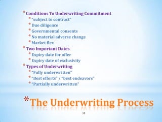 * Conditions To Underwriting Commitment
  * “subject to contract”
  * Due diligence
  * Governmental consents
  * No material adverse change
  * Market flex
* Two Important Dates
  * Expiry date for offer
  * Expiry date of exclusivity
* Types of Underwriting
  * “Fully underwritten”
  * “Best efforts” / “best endeavors”
  * “Partially underwritten”


*The Underwriting Process
                                 38
 