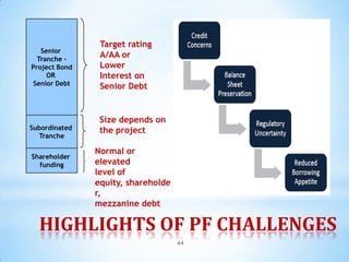 Target rating
   Senior
  Tranche –
                A/AA or
Project Bond    Lower
     OR         Interest on
 Senior Debt    Senior Debt


                Size depends on
Subordinated    the project
  Tranche

               Normal or
Shareholder
  funding      elevated
               level of
               equity, shareholde
               r,
               mezzanine debt

  HIGHLIGHTS OF PF CHALLENGES
                                    44
 