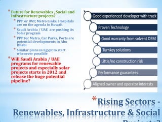 * Future for Renewables , Social and
 Infrastructure projects?
   * PPP or IWP, Metro Links, Hospitals
     are on the agenda in Kuwait
   * Saudi Arabia / UAE are pushing its
     Solar program
   * PPP for Metro, Car Parks, Ports are
     potential developments in Abu
     Dhabi
   * Similar plans in Egypt to start
     whenever possible
* Will Saudi Arabia / UAE
 programs for renewable
 projects and especially solar
 projects starts in 2012 and
 release the huge potential
 pipeline?



                                                *Rising Sectors -
  Renewables, Infrastructure & Social      63
 