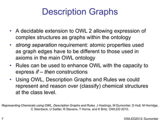Description Graphs

     • A decidable extension to OWL 2 allowing expression of
       complex structures as graphs within the ontology
     • strong separation requirement: atomic properties used
       as graph edges have to be different to those used in
       axioms in the main OWL ontology
     • Rules can be used to enhance OWL with the capacity to
       express if – then constructions
     • Using OWL, Description Graphs and Rules we could
       represent and reason over (classify) chemical structures
       at the class level.

Representing Chemicals using OWL, Description Graphs and Rules. J Hastings, M Dumontier, D Hull, M Horridge,
                   C Steinbeck, U Sattler, R Stevens, T Horne, and K Britz. OWLED 2010.


7                                                                                   OWLED2012::Dumontier
 