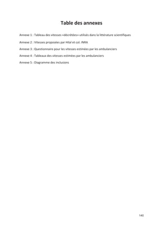 140
Table des annexes
Annexe 1 : Tableau des vitesses «décrétées» utilisés dans la littérature scientifiques
Annexe 2 : Vitesses proposées par Hilal et col. INRA
Annexe 3 : Questionnaire pour les vitesses estimées par les ambulanciers
Annexe 4 : Tableaux des vitesses estimées par les ambulanciers
Annexe 5 : Diagramme des inclusions
 