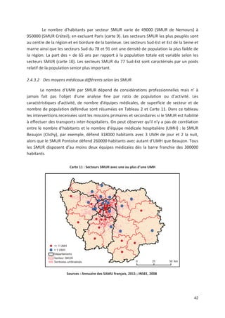 42
Le nombre d habitants par secteur SMUR varie de 49000 (SMUR de Nemours) à
950000 (SMUR Créteil), en excluant Paris (carte 9). Les secteurs SMUR les plus peuplés sont
au centre de la région et en bordure de la banlieue. Les secteurs Sud Est et Est de la Seine et
marne ainsi que les secteurs Sud du 78 et 91 ont une densité de population la plus faible de
la région. La part des - de 65 ans par rapport à la population totale est variable selon les
secteurs SMUR (carte 10). Les secteurs SMUR du 77 Sud Est sont caractérisés par un poids
relatif de la population senior plus important.
2.4.3.2 Des moyens médicaux différents selon les SMUR
Le nombre d UMH par SMUR dépend de considérations professionnelles mais n à
jamais fait pas l objet d une analyse fine par ratio de population ou d activité. Les
caractéristiques d activité, de nombre d équipes médicales, de superficie de secteur et de
nombre de population défendue sont résumées en Tableau 2 et Carte 11. Dans ce tableau
les interventions recensées sont les missions primaires et secondaires si le SMUR est habilité
à effectuer des transports inter hospitaliers. On peut observer qu il n y a pas de corrélation
entre le nombre d habitants et le nombre d équipe médicale hospitalière (UMH) : le SMUR
Beaujon (Clichy), par exemple, défend 318000 habitants avec 3 UMH de jour et 2 la nuit,
alors que le SMUR Pontoise défend 260000 habitants avec autant d UMH que Beaujon. Tous
les SMUR disposent d au moins deux équipes médicales dès la barre franchie des 300000
habitants.
Carte 11 : Secteurs SMUR avec une ou plus d une UMH
Sources : Annuaire des SAMU français, 2011 ; INSEE, 2008
 