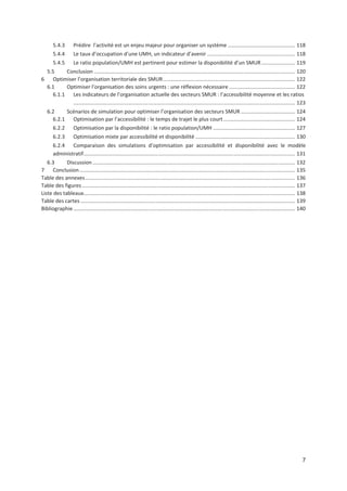 7
5.4.3 Prédire l activité est un enjeu majeur pour organiser un système .............................................. 118
5.4.4 Le taux d occupation d une UMH, un indicateur d avenir ............................................................ 118
5.4.5 Le ratio population/UMH est pertinent pour estimer la disponibilité d un SMUR....................... 119
5.5 Conclusion ......................................................................................................................................... 120
6 Optimiser l organisation territoriale des SMUR.......................................................................................... 122
6.1 Optimiser l organisation des soins urgents : une réflexion nécessaire ............................................. 122
6.1.1 Les indicateurs de l organisation actuelle des secteurs SMUR : l accessibilité moyenne et les ratios
....................................................................................................................................................... 123
6.2 Scénarios de simulation pour optimiser l organisation des secteurs SMUR ..................................... 124
6.2.1 Optimisation par l accessibilité : le temps de trajet le plus court................................................. 124
6.2.2 Optimisation par la disponibilité : le ratio population/UMH ........................................................ 127
6.2.3 Optimisation mixte par accessibilité et disponibilité .................................................................... 130
6.2.4 Comparaison des simulations d optimisation par accessibilité et disponibilité avec le modèle
administratif................................................................................................................................................ 131
6.3 Discussion.......................................................................................................................................... 132
7 Conclusion................................................................................................................................................... 135
Table des annexes............................................................................................................................................... 136
Table des figures ................................................................................................................................................. 137
Liste des tableaux................................................................................................................................................ 138
Table des cartes .................................................................................................................................................. 139
Bibliographie ....................................................................................................................................................... 140
 