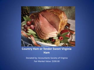 17. Two Night Hotel Stay near the Eastern
                 Shore
    Donated by: New Jersey Association of Public
                   Accountants
            Fair Market Value: $300.00
 