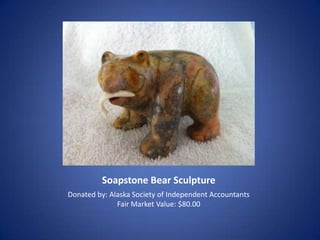 6. “Sitting Pretty” Sculpture of Cowgirl on
               Bucking Horse
          Donated by: Pamela L. Midboe
           Fair Market Value: $200.00
 