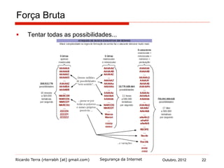 Ricardo Terra (rterrabh [at] gmail.com) Outubro, 2012Segurança da Internet
Força Bruta
§  Tentar todas as possibilidades...
22
 