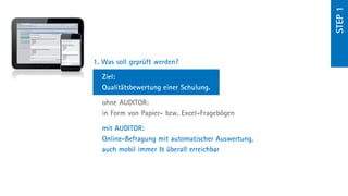 step 1
1.  as soll geprüft werden?
   W

  Ziel:
  Qualitätsbewertung einer Schulung.

  ohne AUDITOR:
  in Form von Papier- bzw. Excel-Fragebögen

  mit AUDITOR:
  Online-Befragung mit automatischer Auswertung,
  auch mobil immer  überall erreichbar
 