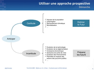 Utiliser une approche prospective
                                                                                                Démarche



                                                  Hausse de la population
                                                  Urbanisation
                                                                                              Estimer
               Certitude                          Réchauffement climatique
                                                  Mondialisation                             le Futur
                                                 …




   Anticiper


                                                  Evolution de la technologie
                                                  Evolution de la réglementation
                                                  Croissance économique
                                                  Scénarios de sortie de crise                Préparer
               Incertitude                        Evolution des financements                 les futurS
                                                  Périmètre et impacts des
                                                   actions des pouvoirs publics
                                                 …




©OCTO 2012     Tiré d’USI 2009 – Mettre un «S » à futur – 4 scénarios pour la DSI de demain                6
 