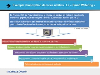 Exemple d’innovation dans les utilities : Le « Smart Watering »
(*) Source : SIA conseil
En France , 25% de l’eau injectée sur le réseau est perdue en fuites et fraudes ; Le
manque à gagner pour les citoyens s’élève à 2,4 milliards d’euros par an. (*)
Les canaux numériques et l’Internet des objets ouvrent de nouvelles opportunités
pour collecter/exploiter les données, et les mettre à disposition de tous
Informations en temps réel sur les débits et la qualité de l’eau
Services à valeur ajoutée pour les consommateurs et les collectivités
Détection au plus tôt des problèmes sur le réseau et en bout de chaine
Engagement commun au principe de consommation responsable
Automatisation du processus de collecte
 
