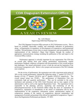 By: Jo B. Bitonio
                          Supervising CDS/Chief Planning Unit

      The CDA Dagupan Extension Office presents in 2012 Performance review. This is
based on verifiable, observable, credible, and sustainable indicators of performance
along: a) Registration; b) regulatory; c0 Development of Cooperatives; and Institutional
variables. The performance review aims to ensure transparency and accountability in the
implementation of the Authority’s Major final Outputs, through the conduct of
appropriate communications strategy including the publication of the said report to the
Extension Office website.

       Performance appraisal is critically important for any organization The CDA has
an overall plan starting from goal setting, performance measurement, regular
performance feedback, employee recognition and documentation of the overall progress
and challenges. The annual performance review is both the end and the beginning of the
performance management cycle. Below is the synopsis and assessment of the 2012 calendar
year completed.

      On the review of performance, the registration unit with a maximum point rating of
30% on the overall performance, attained the following rating: 1st quarter (23.75%); 2nd
Quarter (25.16); 3rd Quarter (26.56%); and 4th Quarter (28.05%), respectively. The
overall annual rating was 25.88%. The performance of Registration Unit was
consistently high per quarterly performance. This can be accorded to the active
facilitation and assistance of the CDA Field Personnel and on time support of the
administrative staff as well as the regional Registration Team. The registration Unit is
responsible in the planning, advisory, mentoring and monitoring of all the
plans/programs/activities of the Extension Office along the areas of: registration of
cooperatives, registration of amendments of the article of cooperation and by laws,
implementation of the cooperative information system, rationalization registry of
cooperatives, purging of the registry of cooperatives, physical maintenance and
management of records and posting of the official list registered of cooperatives Figure 1
shows the Registration Performance per Quarter, FY 2012
 