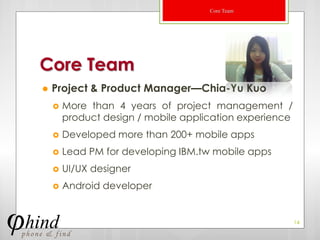 Core Team




Core Team
   Project & Product Manager—Chia-Yu Kuo
       More than 4 years of project management /
        product design / mobile application experience
       Developed more than 200+ mobile apps
       Lead PM for developing IBM.tw mobile apps
       UI/UX designer
       Android developer


                                                         14
 
