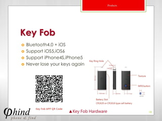 Products




Key Fob
   Bluetooth4.0 + iOS
   Support iOS5,iOS6
   Support iPhone4S,iPhone5
   Never lose your keys again




                      ▲Key Fob Hardware              18
 