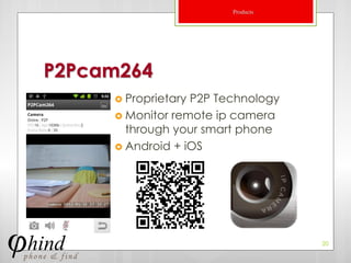 Products




P2Pcam264
      ProprietaryP2P Technology
      Monitor remote ip camera
       through your smart phone
      Android + iOS




                                   20
 