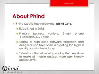 About Phind




About Phind
   Phind Mobile Technology Inc. φhind Corp.
       Established in 2012
       Primary business venture:          Smart          phone
        （Android& iOS）apps
       Teams of high-skilled software engineers and
        designers who take pride in creating the highest
        quality apps in the industry
       “Mobility is the future of everyday life”. We strive
        to make all mobile devices more user friendly
        and intuitive.


                                                                  2
 