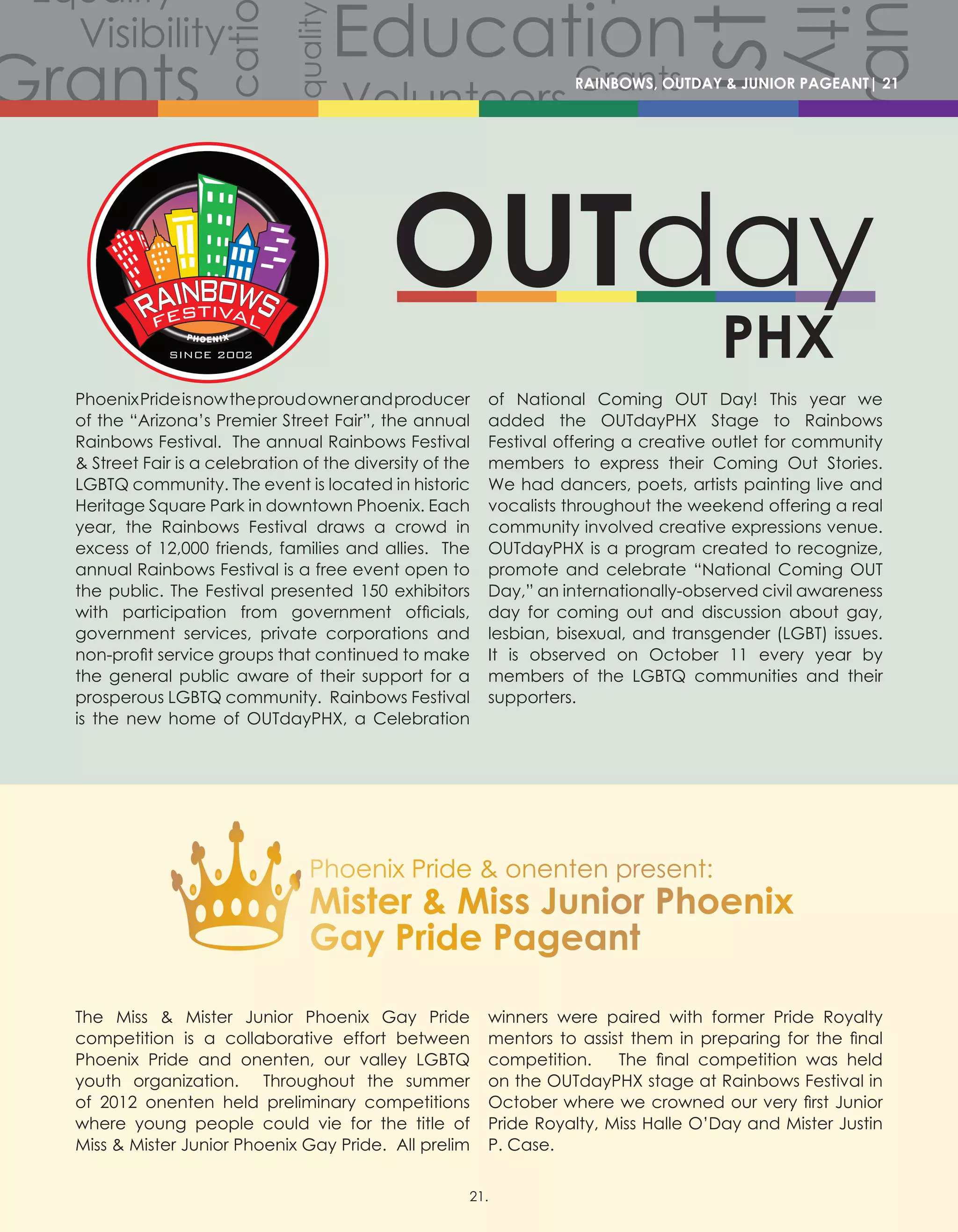 Volunteers
Volunteers
Volunteers
Grants
Grants
Gra
Grants
Grants
Volunteers
Scholarships
CommunityCommunity
Comm
Celebration
Celebration
Celebration
Equality
Equality
Equality
Equality
Equality
Equality
Equality
Equali
Equality
Equality
Equ
Diversity
Diverersity
lity
Visibility
Visibility
Visibility
Visibility
Visibility
Visibility
Hist
story
History
History
History
Educati
Education
Education
EducationRAINBOWS, OUTDAY  JUNIOR PAGEANT| 21
The Miss  Mister Junior Phoenix Gay Pride
competition is a collaborative effort between
Phoenix Pride and onenten, our valley LGBTQ
youth organization.   Throughout the summer
of 2012 onenten held preliminary competitions
where young people could vie for the title of
Miss  Mister Junior Phoenix Gay Pride.  All prelim
winners were paired with former Pride Royalty
mentors to assist them in preparing for the final
competition.    The final competition was held
on the OUTdayPHX stage at Rainbows Festival in
October where we crowned our very first Junior
Pride Royalty, Miss Halle O’Day and Mister Justin
P. Case.
PhoenixPrideisnowtheproudownerandproducer
of the “Arizona’s Premier Street Fair”, the annual
Rainbows Festival. The annual Rainbows Festival
 Street Fair is a celebration of the diversity of the
LGBTQ community. The event is located in historic
Heritage Square Park in downtown Phoenix. Each
year, the Rainbows Festival draws a crowd in
excess of 12,000 friends, families and allies. The
annual Rainbows Festival is a free event open to
the public. The Festival presented 150 exhibitors
with participation from government officials,
government services, private corporations and
non-profit service groups that continued to make
the general public aware of their support for a
prosperous LGBTQ community. Rainbows Festival
is the new home of OUTdayPHX, a Celebration
of National Coming OUT Day! This year we
added the OUTdayPHX Stage to Rainbows
Festival offering a creative outlet for community
members to express their Coming Out Stories.
We had dancers, poets, artists painting live and
vocalists throughout the weekend offering a real
community involved creative expressions venue.
OUTdayPHX is a program created to recognize,
promote and celebrate “National Coming OUT
Day,” an internationally-observed civil awareness
day for coming out and discussion about gay,
lesbian, bisexual, and transgender (LGBT) issues.
It is observed on October 11 every year by
members of the LGBTQ communities and their
supporters.
21.
 
