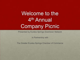 Welcome to the
     4th Annual
   Company Picnic
 Presented by Eureka Springs Downtown Network

              In Partnership with

The Greater Eureka Springs Chamber of Commerce
 