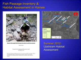 Fish Passage Inventory &
Habitat Assessment in Haines




                           Summer 2012:
                           Upstream Habitat
                           Assessment
 