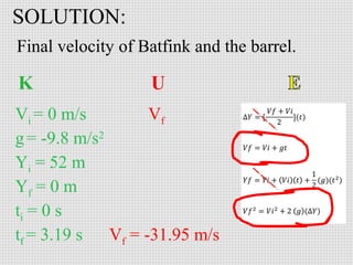 SOLUTION:
Final velocity of Batfink and the barrel.

Vi = 0 m/s
Vf
g = -9.8 m/s2
Yi = 52 m
Yf = 0 m
ti = 0 s
tf = 3.19 s
Vf = -31.95 m/s

 