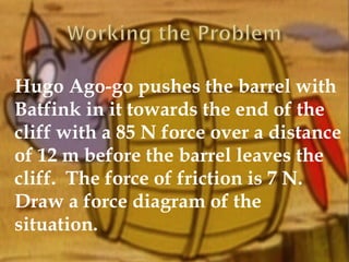 Hugo Ago-go pushes the barrel with
Batfink in it towards the end of the
cliff with a 85 N force over a distance
of 12 m before the barrel leaves the
cliff. The force of friction is 7 N.
Draw a force diagram of the
situation.

 