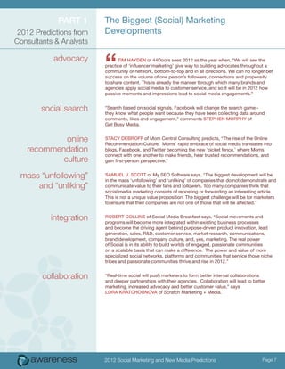 ParT 1      The Biggest (Social) Marketing
 2012 Predictions from   Developments
Consultants & Analysts

           advoca...