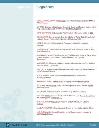 appendix   Biographies



           errol aPoSToloPouloS (@errol33), Innovation Strategist, Social and Mobile
           at Optaros, Inc.

           Jay Baer (@jaybaer), Social Media Strategist, Coach and Speaker. Author of the
           blog, Convince & Convert, and the book The NOW Revolution.

           DaviD BerKowiTz (@dberkowitz), Vice President of Emerging Media for 360i.

           c.c. chaPMaN (@cc_chapman), Founder & Editor at Digital Dads, Co-author of
           the book, Content Rules with Ann Handley (@MarketingProfs).

           roBerT colliNS (@RobertCollins), Founder and Host of Social Media
           Breakfast.

           STacy DeBroFF (@MomCentral), Founder and Chief Executive Officer of Mom
           Central Consulting.

           JaSoN FallS (@JasonFalls), Founder and Chief Executive Officer at Social Media
           Explorer, Co-author of No Bullsh** Social Media with Erik Deckers
           (@edeckers).

           laura FiTToN (@Pistachio), Inbound Marketing Evangelist at HubSpot and Co-
           author of Twitter for Dummies.

           Paul GilliN (@PGillin), Social Media Adviser and co-author of Social Marketing
           to the Business Customer.

           Neil GlaSSMaN (@neilglassman), Principal Marketing Strategist at
           WhizBangPowWow.

           MaTThew T. GraNT (@MattTGrant), Managing Editor at MarketingProfs.

           DouG haSlaM (@DougH), Client Services Supervisor, Voce Connect at Voce
           Communications.

           TiM hayDeN (@TheTimHayden), Chief Marketing Officer at 44Doors.

           Bill iveS (@BillIves), Senior Vice President of Marketing for Darwin Ecosystems,
           LLC and blogger at Portals and KM.

           TaulBee JacKSoN (@taulbee), President and Chief Executive Officer at
           Raidious.

           PaMela JohNSToN (@PamJohnston), Director of New Media at Lahey Clinic.

           DeBi KleiMaN (@drkleiman), President of the Massachusetts Innovation &
           Technology Exchange.




           2012 Social Marketing and New Media Predictions                          Page 29
 