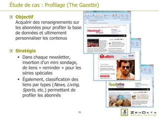 Étude de cas : Profilage (The Gazette)

  Objectif
  Acquérir des renseignements sur
  les abonnées pour profiler la base
  de données et ultimement
  personnaliser les contenus

  Stratégie
    Dans chaque newsletter,
     insertion d’un mini sondage,
     de liens « reminder » pour les
     séries spéciales
    Également, classification des
     liens par types (News, Living,
     Sports, etc.) permettant de
     profiler les abonnés


                                  15
 