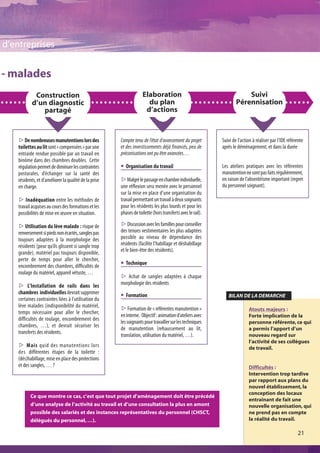 d’entreprises


- malades
             Construction                                           Elaboration                                         Suivi
            d’un diagnostic                                           du plan                                       Pérennisation
               partagé                                               d’actions



    sDe nombreuses manutentions lors des               Compte tenu de l’état d’avancement du projet         Suivi de l’action à réaliser par l’IDE référente
    toilettes au lit sont « compensées » par une       et des investissements déjà financés, peu de         après le déménagement, et dans la durée
    entraide rendue possible par un travail en         préconisations ont pu être avancées…
    binôme dans des chambres doubles. Cette
    régulation permet de diminuer les contraintes      @ Organisation du travail                            Les ateliers pratiques avec les référentes
    posturales, d’échanger sur la santé des                                                                 manutention ne sont pas faits régulièrement,
    résidents, et d’améliorer la qualité de la prise   sMalgré le passage en chambre individuelle,          en raison de l’absentéisme important (regret
    en charge.                                         une réflexion sera menée avec le personnel           du personnel soignant).
                                                       sur la mise en place d’une organisation du
    s Inadéquation entre les méthodes de               travail permettant un travail à deux soignants
    travail acquises au cours des formations et les    pour les résidents les plus lourds et pour les
    possibilités de mise en œuvre en situation.        phases de toilette (hors transferts avec le rail).

    s Utilisation du lève malade : risque de           sDiscussion avec les familles pour conseiller
    renversement si pieds non écartés, sangles pas     des tenues vestimentaires les plus adaptées
    toujours adaptées à la morphologie des             possible au niveau de dépendance des
    résidents (peur qu’ils glissent si sangle trop     résidents (facilite l’habillage et déshabillage
    grande), matériel pas toujours disponible,         et le bien-être des résidents).
    perte de temps pour aller le chercher,
    encombrement des chambres, difficultés de          @ Technique
    roulage du matériel, appareil vétuste, …
                                                       s Achat de sangles adaptées à chaque
    s L’Installation de rails dans les                 morphologie des résidents
    chambres individuelles devrait supprimer           @ Formation                                             BILAN DE LA DEMARCHE
    certaines contraintes liées à l’utilisation du
    lève malades (indisponibilité du matériel,
                                                       s Formation de « référentes manutention »                           Atouts majeurs :
    temps nécessaire pour aller le chercher,
                                                       en interne. Objectif : animation d’ateliers avec                    Forte implication de la
    difficultés de roulage, encombrement des
                                                       les soignants pour travailler sur les techniques                    personne référente, ce qui
    chambres, …), et devrait sécuriser les
                                                       de manutention (rehaussement au lit,                                a permis l’apport d’un
    transferts des résidents.
                                                       translation, utilisation du matériel, …).                           nouveau regard sur
                                                                                                                           l’activité de ses collègues
    s Mais quid des manutentions lors                                                                                      de travail.
    des différentes étapes de la toilette :
    (dés)habillage, mise en place des protections
    et des sangles, … ?                                                                                                    Difficultés :
                                                                                                                           Intervention trop tardive
                                                                                                                           par rapport aux plans du
                                                                                                                           nouvel établissement, la
                                                                                                                           conception des locaux
           Ce que montre ce cas, c’est que tout projet d’aménagement doit être précédé
                                                                                                                           entraînant de fait une
           d’une analyse de l’activité au travail et d’une consultation la plus en amont                                   nouvelle organisation, qui
           possible des salariés et des instances représentatives du personnel (CHSCT,                                     ne prend pas en compte
           délégués du personnel, …).                                                                                      la réalité du travail.

                                                                                                                                                        21
 