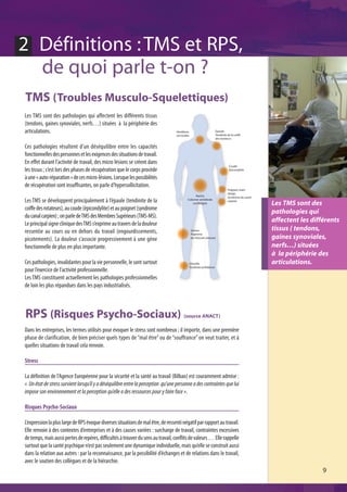 2 Définitions : TMS et RPS,
  de quoi parle t-on ?
TMS (Troubles Musculo-Squelettiques)
Les TMS sont des pathologies qui affectent les différents tissus
(tendons, gaines synoviales, nerfs…) situées à la périphérie des
articulations.                                                                    Vertèbres                           Epaule
                                                                                                                      Tendinite de la coiffe
                                                                                  cervicales
                                                                                                                      des rotateurs

Ces pathologies résultent d’un déséquilibre entre les capacités
fonctionnelles des personnes et les exigences des situations de travail.
En effet durant l’activité de travail, des micro lésions se créent dans
                                                                                                                                 Coude
les tissus ; c’est lors des phases de récupération que le corps procède                                                          Epicondylite

à une « auto-réparation » de ces micro-lésions. Lorsque les possibilités
de récupération sont insuffisantes, on parle d’hypersollicitation.
                                                                                                                                Poignet, main
                                                                                                                                doigts
                                                                                                 Rachis                         Syndrôme du canal
Les TMS se développent principalement à l’épaule (tendinite de la                          Colonne vertébrale
                                                                                               Lombalgies
                                                                                                                                carpien
                                                                                                                                                    Les TMS sont des
coiffe des rotateurs), au coude (épicondylite) et au poignet (syndrome
                                                                                                                                                    pathologies qui
du canal carpien) ; on parle de TMS des Membres Supérieurs (TMS-MS).
Le principal signe clinique des TMS s’exprime au travers de la douleur
                                                                                                                                                    affectent les différents
ressentie au cours ou en dehors du travail (engourdissements,                                   Genou                                               tissus ( tendons,
                                                                                                Hygroma
picotements). La douleur s’associe progressivement à une gène                                   des bourses séreuses                                gaines synoviales,
fonctionnelle de plus en plus importante.                                                                                                           nerfs…) situées
                                                                                                                                                    à la périphérie des
Ces pathologies, invalidantes pour la vie personnelle, le sont surtout                         Cheville                                             articulations.
                                                                                               Tendinite achiléenne
pour l’exercice de l’activité professionnelle.
Les TMS constituent actuellement les pathologies professionnelles
de loin les plus répandues dans les pays industrialisés.



RPS (Risques Psycho-Sociaux) (source ANACT)
Dans les entreprises, les termes utilisés pour évoquer le stress sont nombreux ; il importe, dans une première
phase de clarification, de bien préciser quels types de “mal être” ou de “souffrance” on veut traiter, et à
quelles situations de travail cela renvoie.

Stress

La définition de l’Agence Européenne pour la sécurité et la santé au travail (Bilbao) est couramment admise :
« Un état de stress survient lorsqu’il y a déséquilibre entre la perception qu’une personne a des contraintes que lui
impose son environnement et la perception qu’elle a des ressources pour y faire face ».

Risques Psycho-Sociaux

L’expression la plus large de RPS évoque diverses situations de mal être, de ressenti négatif par rapport au travail.
Elle renvoie à des contextes d’entreprises et à des causes variées : surcharge de travail, contraintes excessives
de temps, mais aussi pertes de repères, difficultés à trouver du sens au travail, conflits de valeurs … Elle rappelle
surtout que la santé psychique n’est pas seulement une dynamique individuelle, mais qu’elle se construit aussi
dans la relation aux autres : par la reconnaissance, par la possibilité d’échanges et de relations dans le travail,
avec le soutien des collègues et de la hiérarchie.
                                                                                                                                                                      9
 