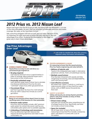 Updated 1/20/12
2012 Prius vs. 2012 Nissan Leaf
Top Prius Advantages
Over Leaf
Nissan Leaf wasn’t the first EV to go on sale, but along with the Mitsubishi i, it is one
of the most affordable. As such, Leaf has attracted considerable attention and media
coverage. But sales, so far, have been limited.
Still, some Prius shoppers will look at Leaf, and vice versa. Because of this,
it’s important for sales associates to know the very real day-in, day-out
advantages Prius offers. Studying the information in this Edge is a
great way to learn those advantages.
„ TOyOTA exPerience & vALue
It’s reassuring to know that the award-winning
Prius has Toyota engineering and value behind it.
•	Millions of hybrids sold
Toyota is the undisputed sales leader in alternative-
powertrain vehicles. That’s unrivaled buyer security.
•	Multiple award winner
Prius has been showered with awards and titles
recognizing its economy, value and dependability.
Leaf is still proving itself.
•	cost-effective economy
No matter how “green” a vehicle is, it still has to
make economic sense. It’s here that Prius really
shines, with an MSRP several thousands less
than Leaf.
„ sAfeTy & securiTy
Safety and security are among Toyota’s priorities,
which is why Prius includes so many of these
features standard.
•	Driver’s knee airbag
Leaf does not include the same comprehensive set
of airbags found on Prius. Specifically, Leaf does
not include a driver’s knee airbag.
•	spare tire included
We all hope never to have a flat tire, but it’s
reassuring to know that Prius includes a temporary
spare. Leaf doesn’t. It comes with a can of
tire sealant.
„ HyBriD synerGy Drive
Toyota Prius is as easy to own and drive as a
conventional gas-engined car.
•	no plug required
Leaf requires electrical runs or a special station in
order to recharge. Many potential buyers won’t
have access to that infrastructure.
•	Practically unlimited range
Leaf’s defined range means a driver has to calculate
trip distances beforehand. Prius has the same
“unlimited” range of any other gas-powered car.
•	five-minute fill-up
Leaf has to go down for hours for a full recharge.
Prius can refill in about five minutes at a corner
gas station.
„ uPscALe feATures
Being an eco-conscious driver doesn’t have to mean
sacrificing some of the luxuries of a fine automobile.
•	Premium audio system
Prius Four and Five grades include a JBL®
premium
audio system for concert-like sound. Leaf has one
unbranded audio system and no available upgrades.
•	A blending of technology and convenience
Prius has distinctive high-tech features that
improve the driving experience and make it more
comfortable, too.
Over Leaf
HyBriD synerGy Drive
Toyota Prius is as easy to own and drive as a
2012 Nissan Leaf
Look inside for detailed info about this summary,
important safety information and disclaimers.
january 2012
2012 Prius
of the most affordable. As such, Leaf has attracted considerable attention and media
Still, some Prius shoppers will look at Leaf, and vice versa. Because of this,
it’s important for sales associates to know the very real day-in, day-out
advantages Prius offers. Studying the information in this Edge is a
2012 Prius
 