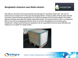 Bangladesh shipment uses Nefab solution


Alan Barnes, Business & Process Development Manager for Australian Paper said’ “we had not
produced such a large order in this type of packaging before. A large quantity of boxes were required
and had to meet the tender specifications for moisture protection and structural integrity The tender
delivery timelines were tight and Integra responded quickly. The boxes arrived on time, our shipments
left on time and the packaging looked the same on arrival in Bangladesh as it did leaving the
Shoalhaven. Integra workmanship and operation met our expectations and we would definitely use
Integra as our supplier for repeat orders.”
 