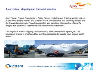 A corrosion, shipping and transport solution


John Payne, Project Coordinator – Agility Project Logistics said “Integra worked with us
to provide a simple answer to a complex issue. The outcome and solution provided and
the knowledge and know-how demonstrated was excellent. The solution offered by
Integra was seamless, hassle free and a worthwhile investment”.

Tim Seymour, Hire & Shipping - Lincom Group said “the boys did a great job. The
equipment arrived in great condition and the packaging did exactly what Integra said it
would”.
 