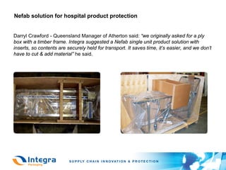 Nefab solution for hospital product protection


Darryl Crawford - Queensland Manager of Atherton said: “we originally asked for a ply
box with a timber frame. Integra suggested a Nefab single unit product solution with
inserts, so contents are securely held for transport. It saves time, it’s easier, and we don’t
have to cut & add material” he said.
 