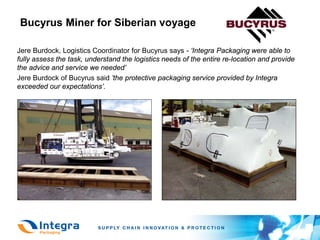 Bucyrus Miner for Siberian voyage

Jere Burdock, Logistics Coordinator for Bucyrus says - ‘Integra Packaging were able to
fully assess the task, understand the logistics needs of the entire re-location and provide
the advice and service we needed’
Jere Burdock of Bucyrus said ’the protective packaging service provided by Integra
exceeded our expectations’.
 